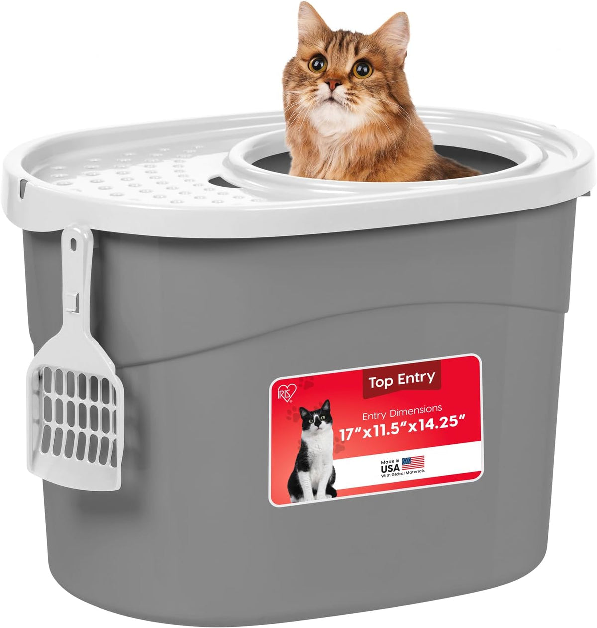 IRIS USA Large Top Entry Cat Litter Box, Hooded Privacy, Gray/White | Multi-Cat Households, Dog Proof Pan, Protected Interior, Enclosed Top Access, Reduced Tracking, Odor Trapping