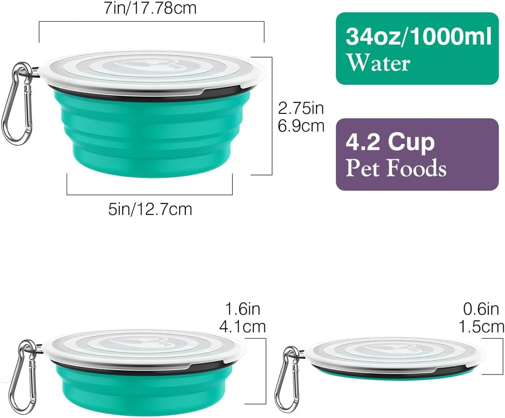 Pawaboo Collapsible Travel Dog Bowls 2 Pack with Lids&Carabiners Silicone | Feeding Watering Bowls for Dogs Cats, Collapsable Water Feeder Food Bowl for Walking Traveling Home Use, VioletTurquoise 