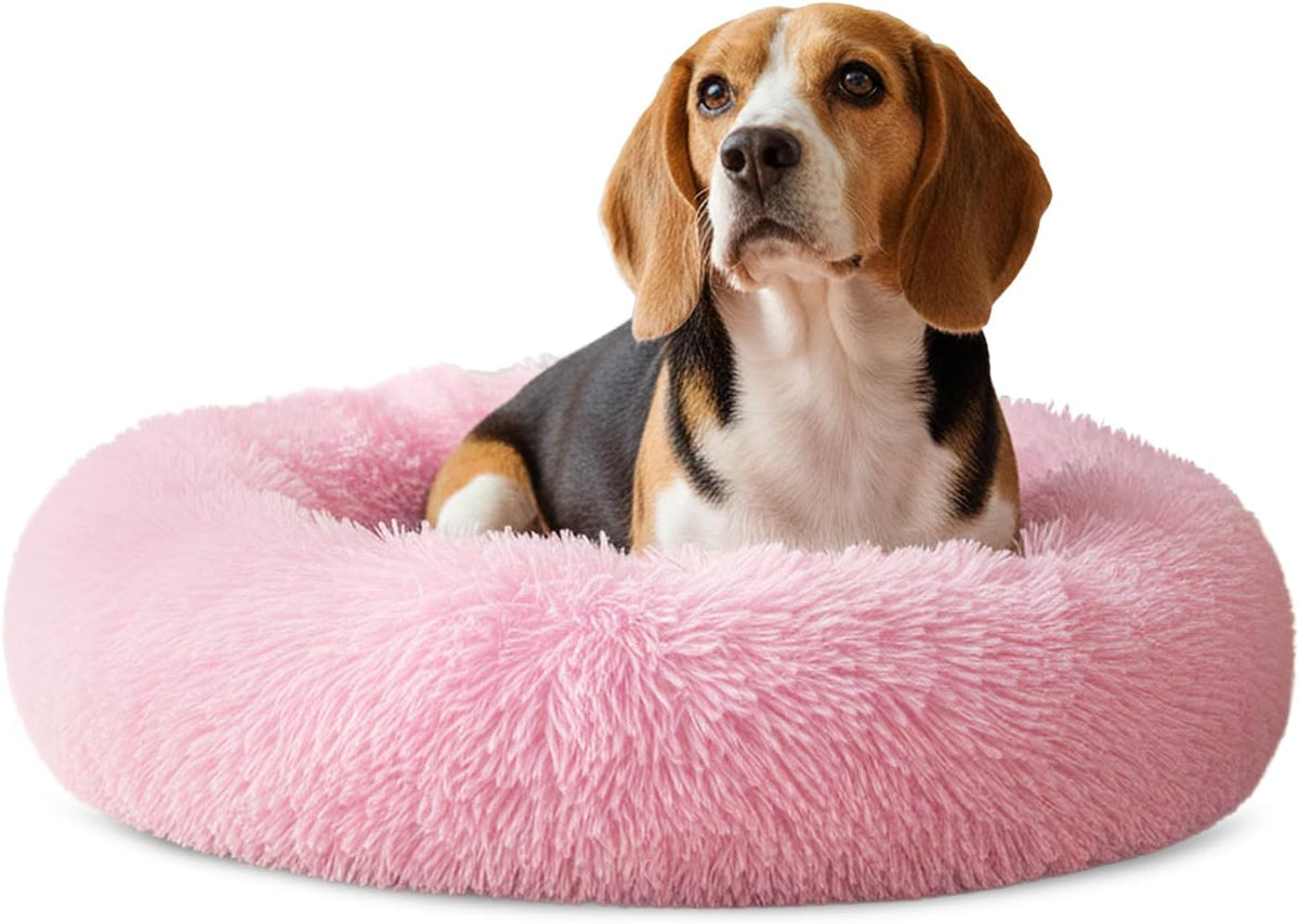 PetAmi Calming Donut Dog Bed, Washable Faux Fur, 30 Inch Medium, Pink