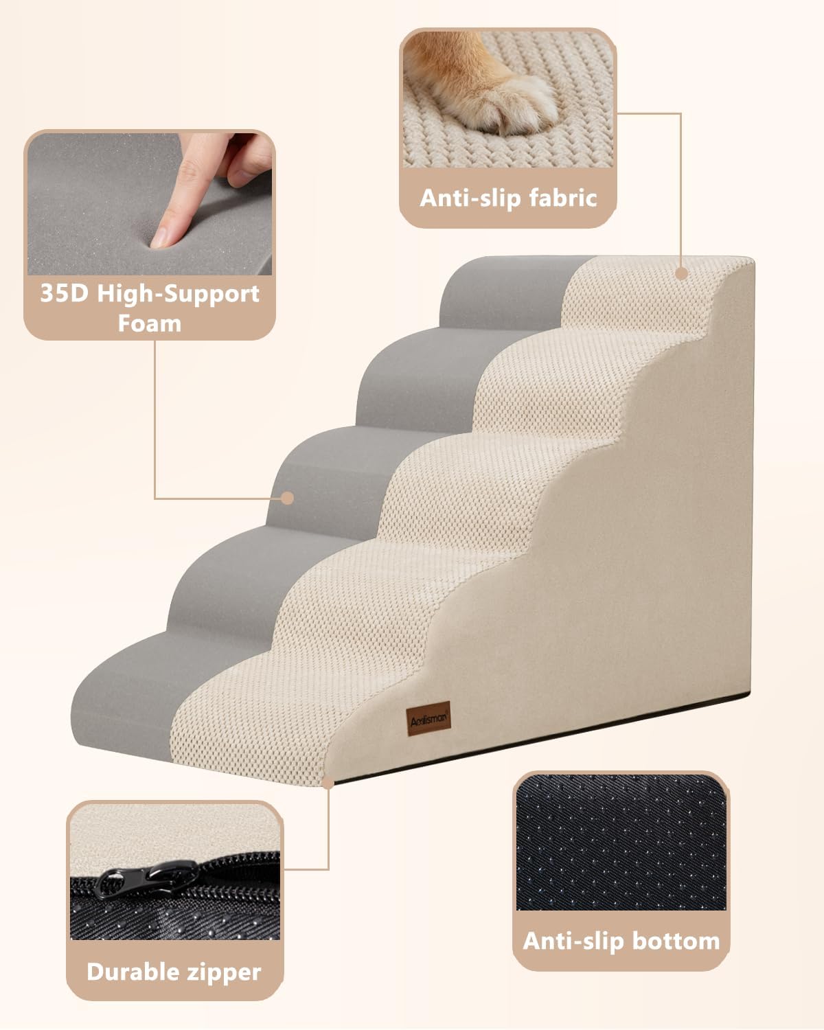 Aodisman Dog Stairs for High Beds,5 Step Pet Ramp for Dogs and Cats,22.4" H