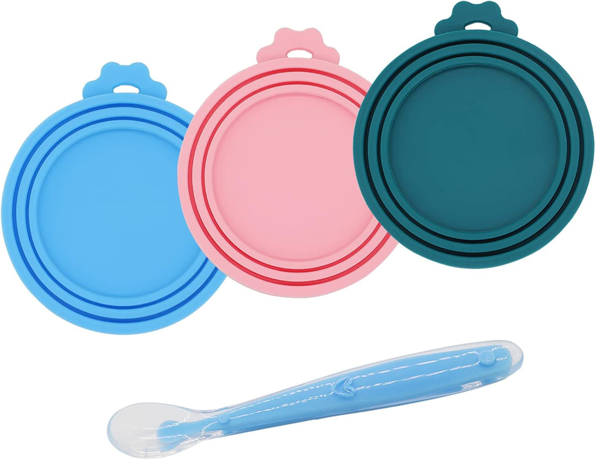 Food Can Covers | 3 Pack Silicone Food lids & 1 Can Spoon | Fit Most Standard Size Canned Dog Cat Food(3+1) 