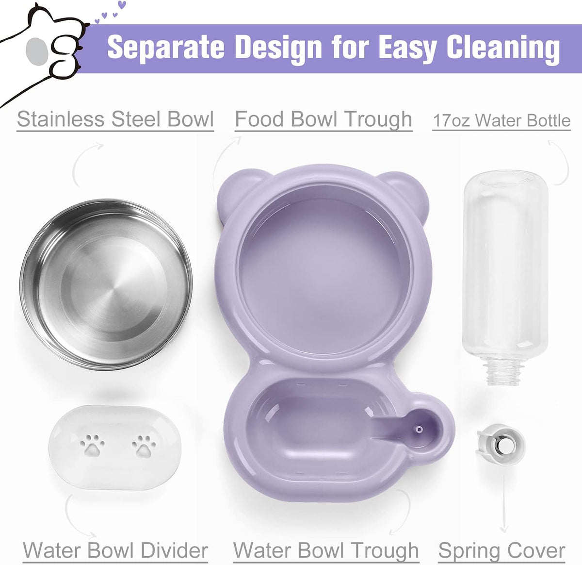 Dog Bowls, Cat Food and Water Bowl Set with Water Dispenser and Stainless Steel Bowl for Cats and Small Dogs - Purple 