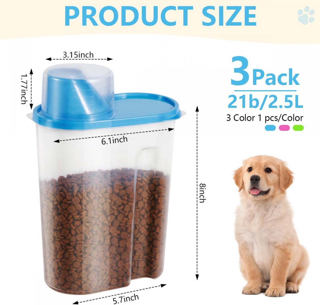 SenseYo 3 Pack 2lb 2.5L Pet Food Storage Container with Measuring Cup BPA Free for Small Dog, Cat, Bird (Blue Pink Green)