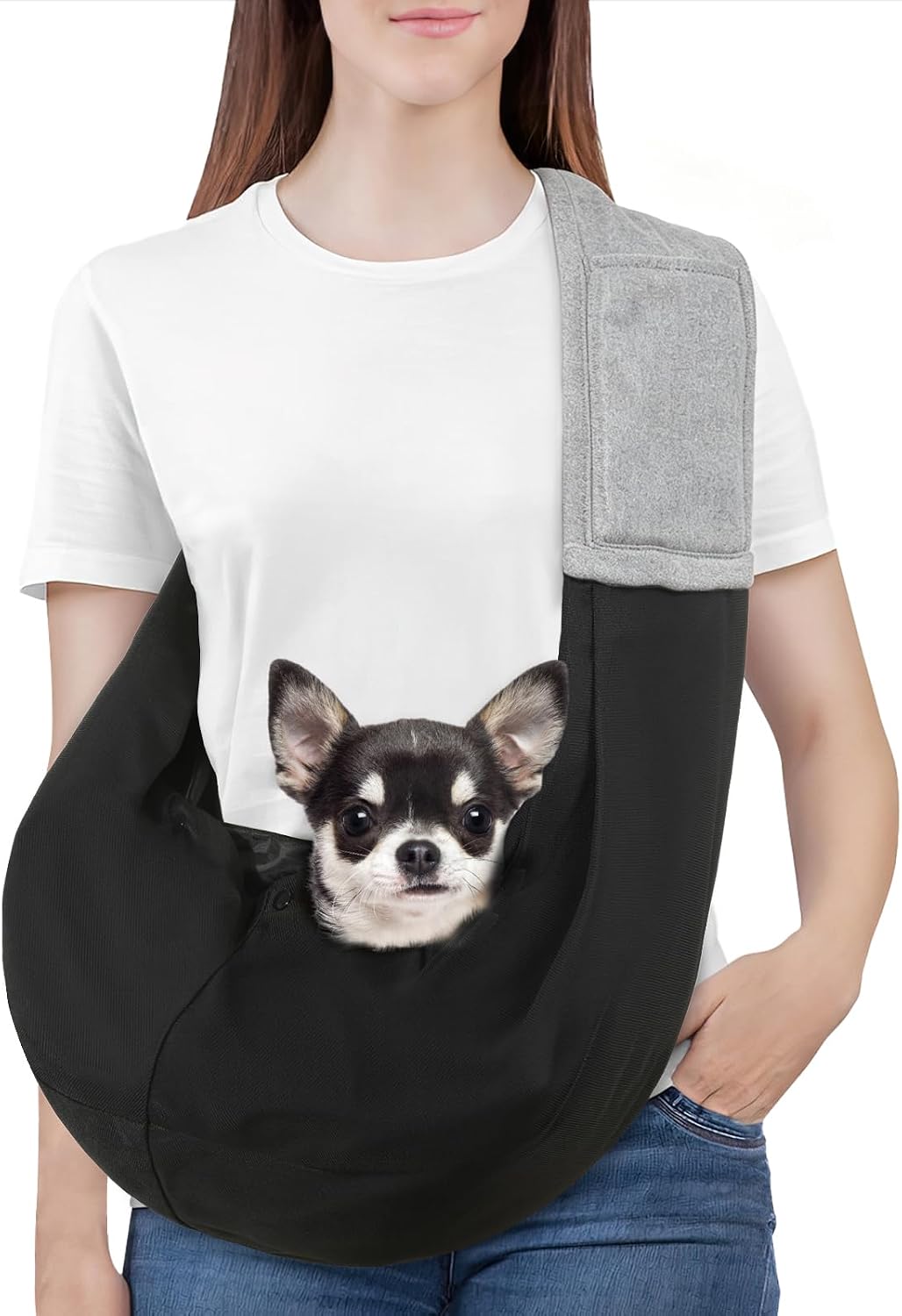 Pawaboo Small Dog Sling Carrier, Reversible Hands Free Dog Sling Carriers for Small Dogs and Cats, Puppy Slings Carrier with Safety Harness, Puppy Essentials, Black+Gray