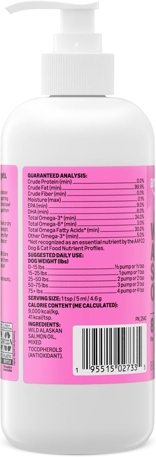 Amazon Basics Wild Alaskan Salmon Oil - Skin and Coat Support, Omega 3 Supplement for Dog and Cat, 8 fl oz (Previouly Wonder Bound)