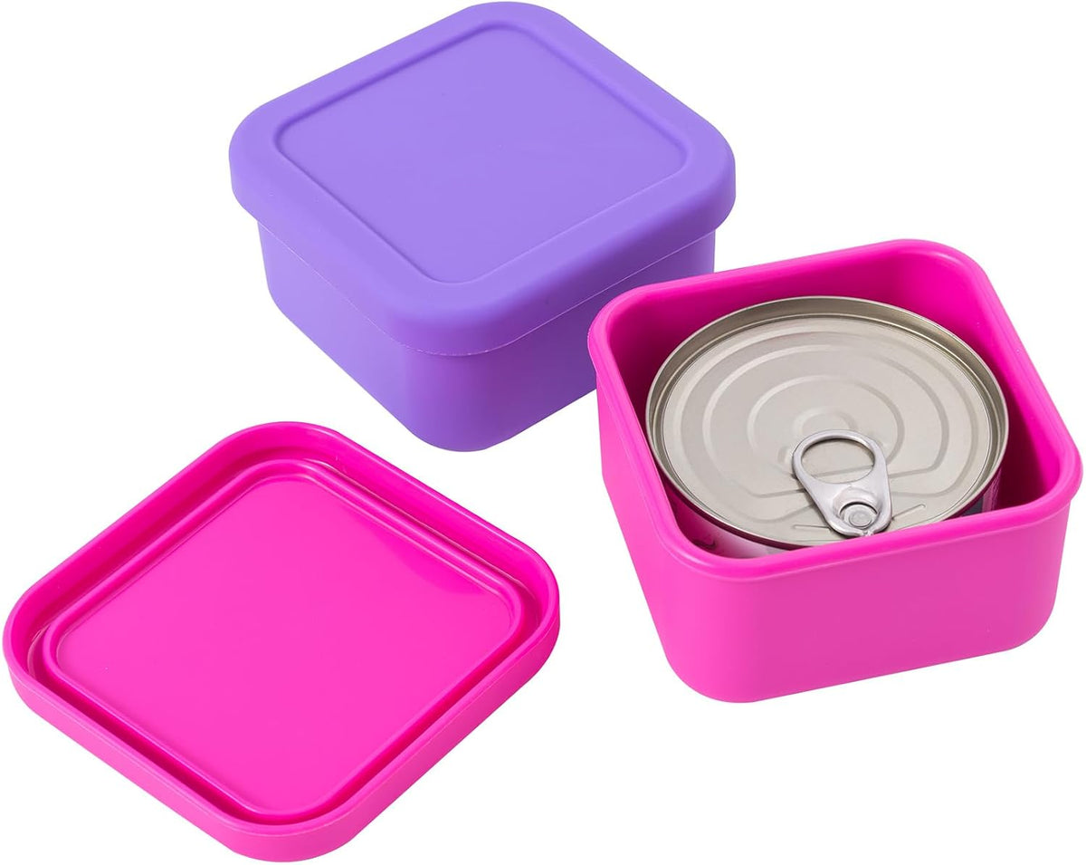 SLSON Cat Can Cover 5.5 oz Canned Food Storage Container, 2Pack Silicone Can Sealer with Airtight Lids Compatible with 5.5oz Friskies & 3.5oz Cesar Dog Can for Fridge to Keep Fresh (Violet and Rose)