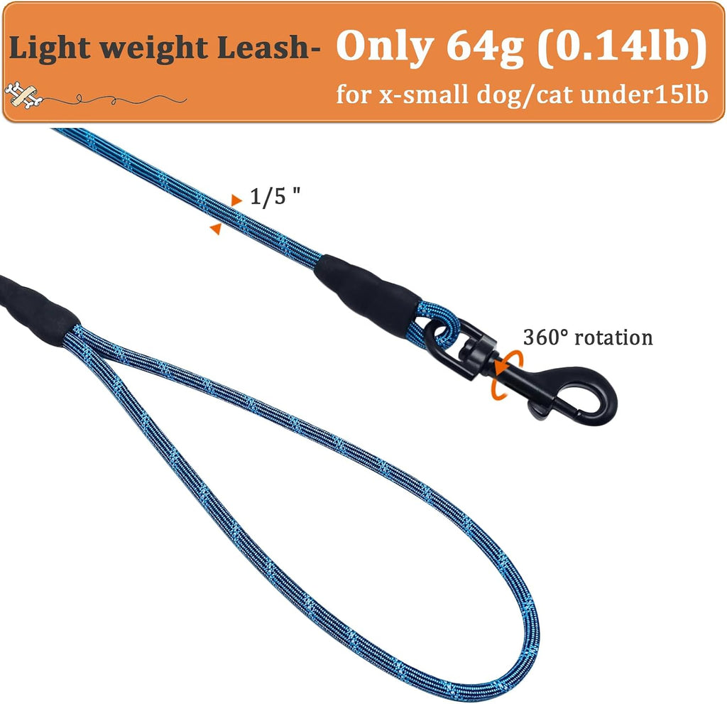 WYuZe 1/5" Reflective XS Rope Dog Leash 10ft for Small Dogs Cats up to 15lb