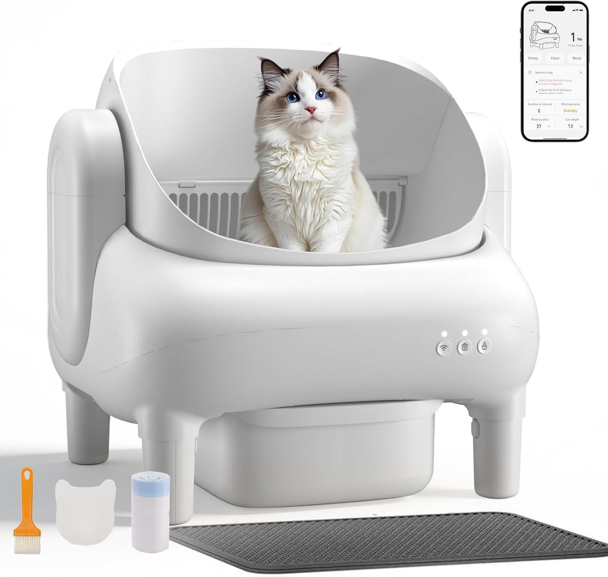 GTPLAYER Smart Cat Litter Box, Open-Top Self Cleaning Cat Litter Box with App Control, Safety Sensors, Large Capacity Waste Bin, Easy Maintenance, Automatic Litter Box for Multi-Cat Homes, White