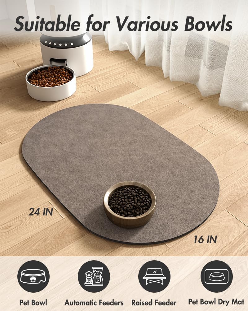 MontVoo Absorbent Dog Food Mat-Dog Mat for Food and Water Bowl | Quick Dry Pet Dish Mat, No Stains & Easy Clean Cat Rug for Messy Drinkers Cat Accessories Pet Supplies, 16"x24", Brown