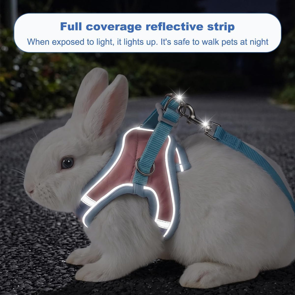 Bunny Harness and Leash Set Double Buckle | Soft Rabbit Harnesses with Carrot | Adjustable Reflective Strips Jacket Escape-Proof Vest for Puppy Guinea Pigs Pet Ferret Walking(Blue-Pink-M)