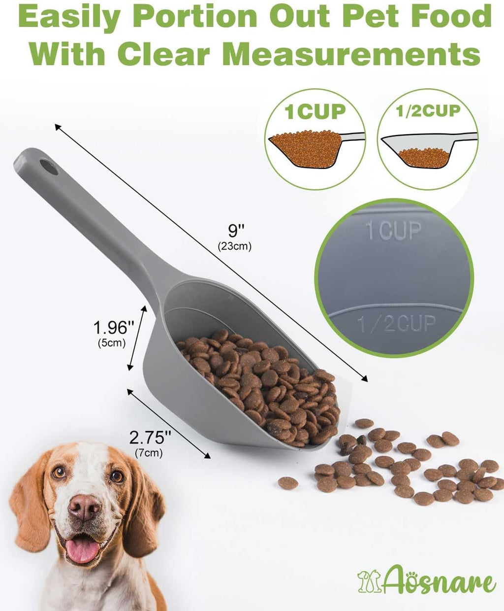 2 PACK Dog Food Scoop,1 Cup Capacity Pet Food Scoop For Dog and Cat (Grey) | Clear Markings for Precise Measuring 1/2 and 1 Cup Lines,Dishwasher Safe,Plastic,Portable and Sturdy