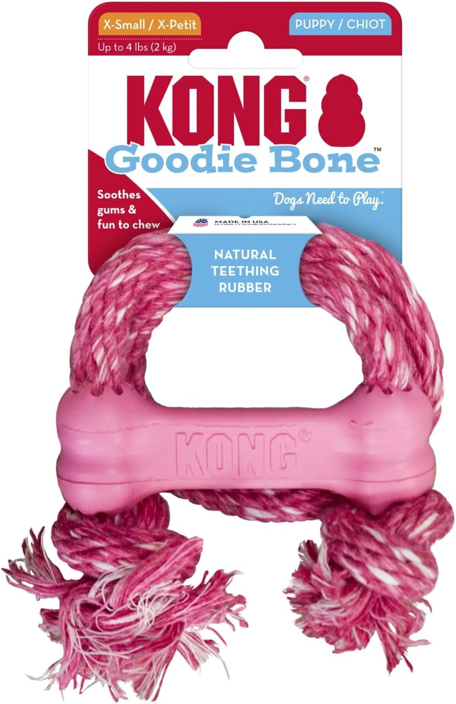 KONG Puppy Goodie Bone with Rope, Natural Rubber, for XS Puppies, Pink | KONG Natural Rubber Bone with a Cotton Rope for Teeth Cleaning & Engaging Chew Play for Growing, Teething Puppies