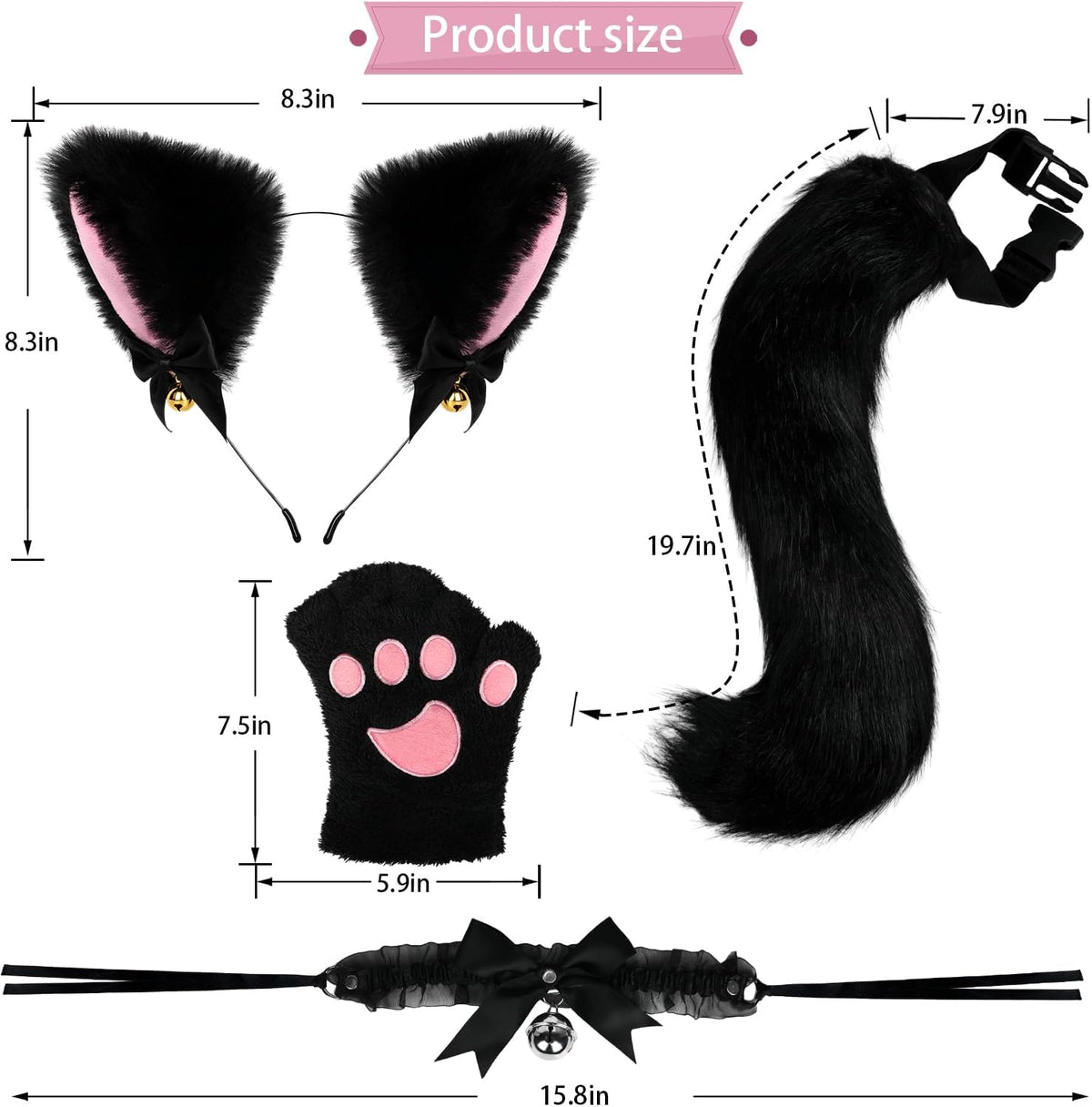 Cat Ears and Tail,Wolf Fox Ears Long Tail and Bell Lace Choker Set for Halloween,Animal Cosplay Party Costume