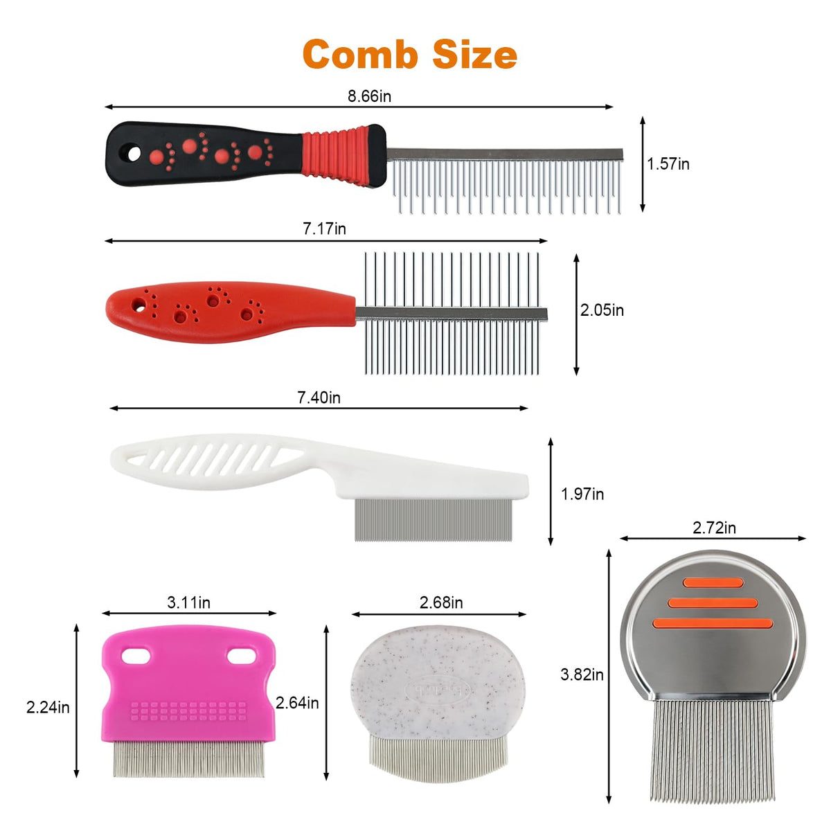 6 Pack Stainless Steel Flea Combs, Pet Grooming Set for Dogs & Cats