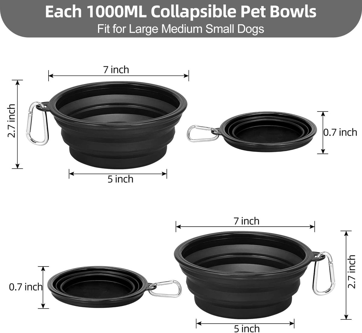 Kytely Large Collapsible Dog Bowls 2 Pack, 34oz Foldable Dog Travel Bowl | Portable Dog Water Food Bowl with Clasp, Pet Cat Feeding Cup Dish for Traveling, Walking, Parking 