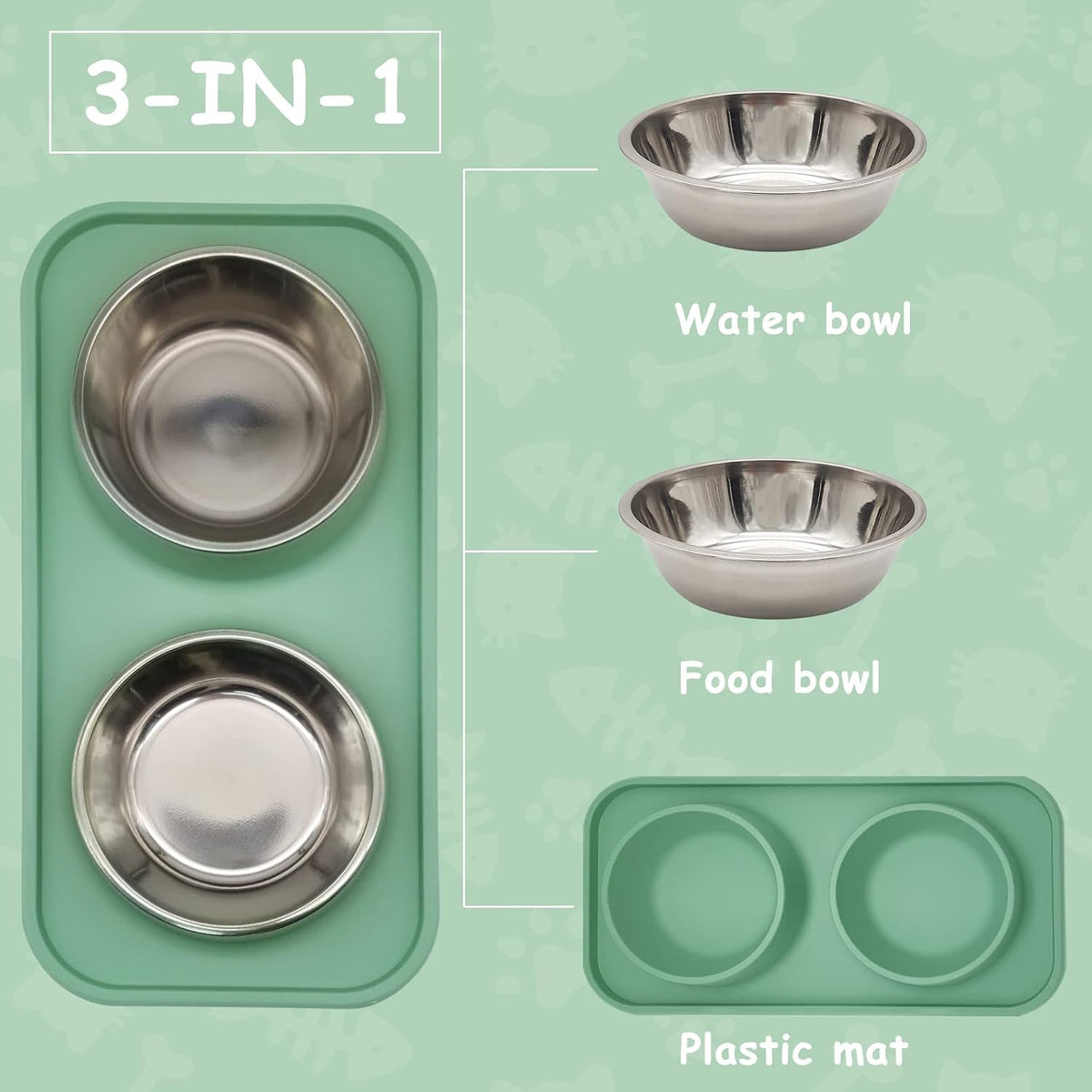 BNOSDM Double Dog Food Bowls Stainless Steel Dog Food and Water Bowls with Non-Spill Plastic Mat Pet Cat Feeder Bowl Set for Puppy Cats Kitten Small Medium Dogs Green