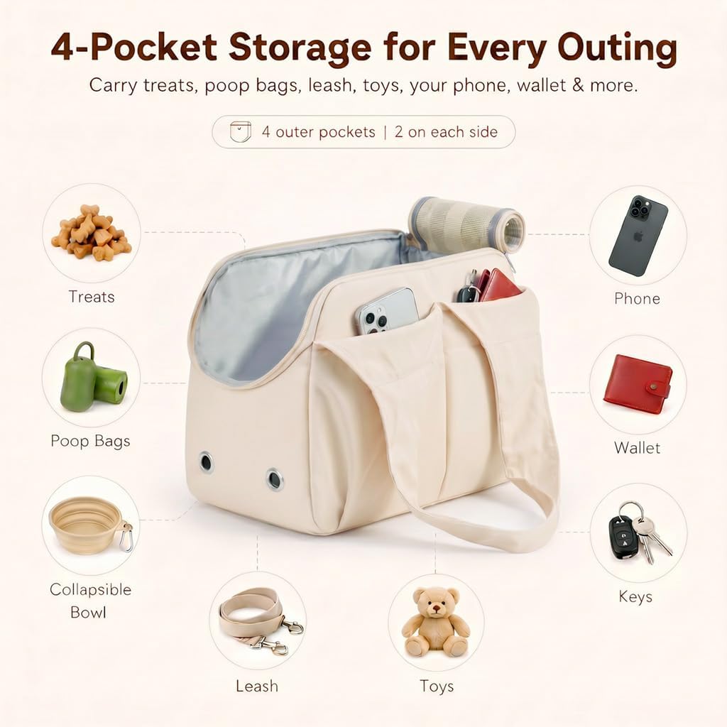 Fashion Dog Purse Carrier for Small Dogs and Cats, Soft-Sided Puppy Tote Bag Up to 13 lbs, Lightweight Pet Carrier with 4 Pockets, Smart Zipper Lock, Pet Travel Bag for Travel Outdoor(Beige)