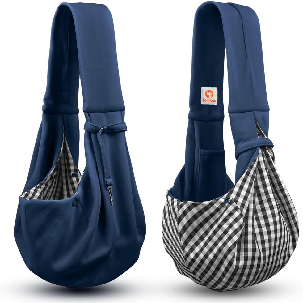 Tomkas Small Dog Cat Sling Carrier Puppy Purse Travel Wrap Soft Crossbody Pet Bag (Dark Blue, M - Classic Pocket & Classic Strap)