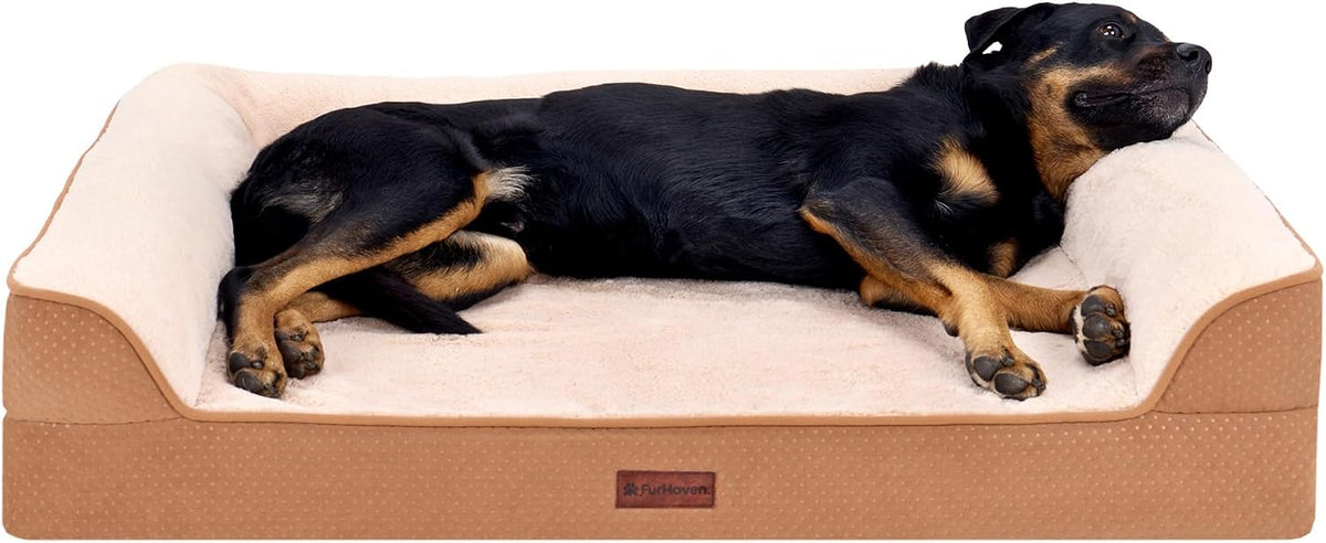 Furhaven Plush & Embossed Velvet Cooling Gel-Top Dreamer Sofa Pet Bed, Cognac, Jumbo