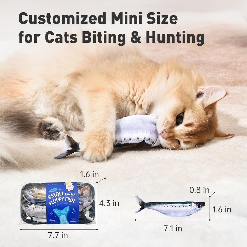 Petgravity Bite-Sized Realistic Flopping Fish Cat Toys, 3 Pack, Interactive Cat Toys for All Breeds, Tap-Activated 3 Flapping Mode, Sardine/Saury/Yellow Croaker, 7.1 Inches, with Catnip, Rechargeable
