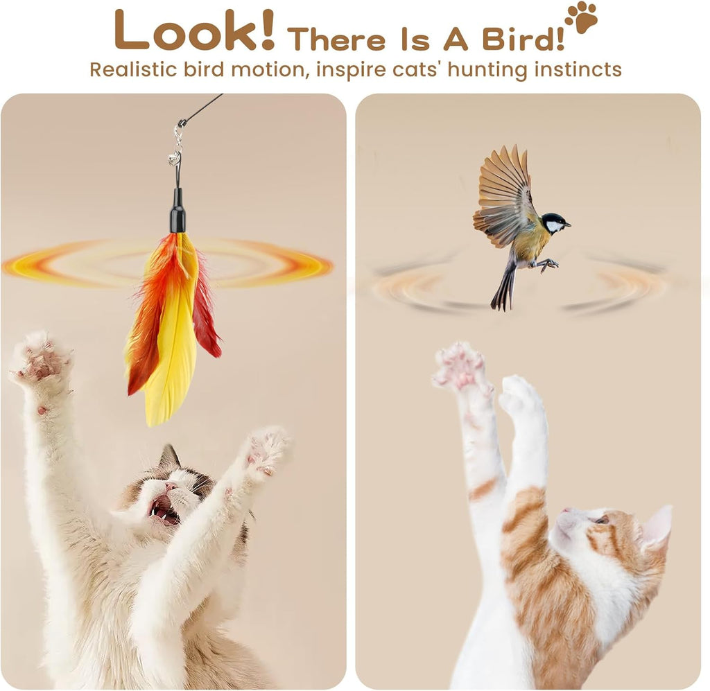 Pawaboo Cat Feather Wand Interactive Toy, 10 Feathers + 1 Wand with Bell | Cat Feather Teaser Toys Flying Catcher Extra Long 34.5" Wand Exerciser Playing Cat Toy Wands for Kitten, Multi-Color Blend