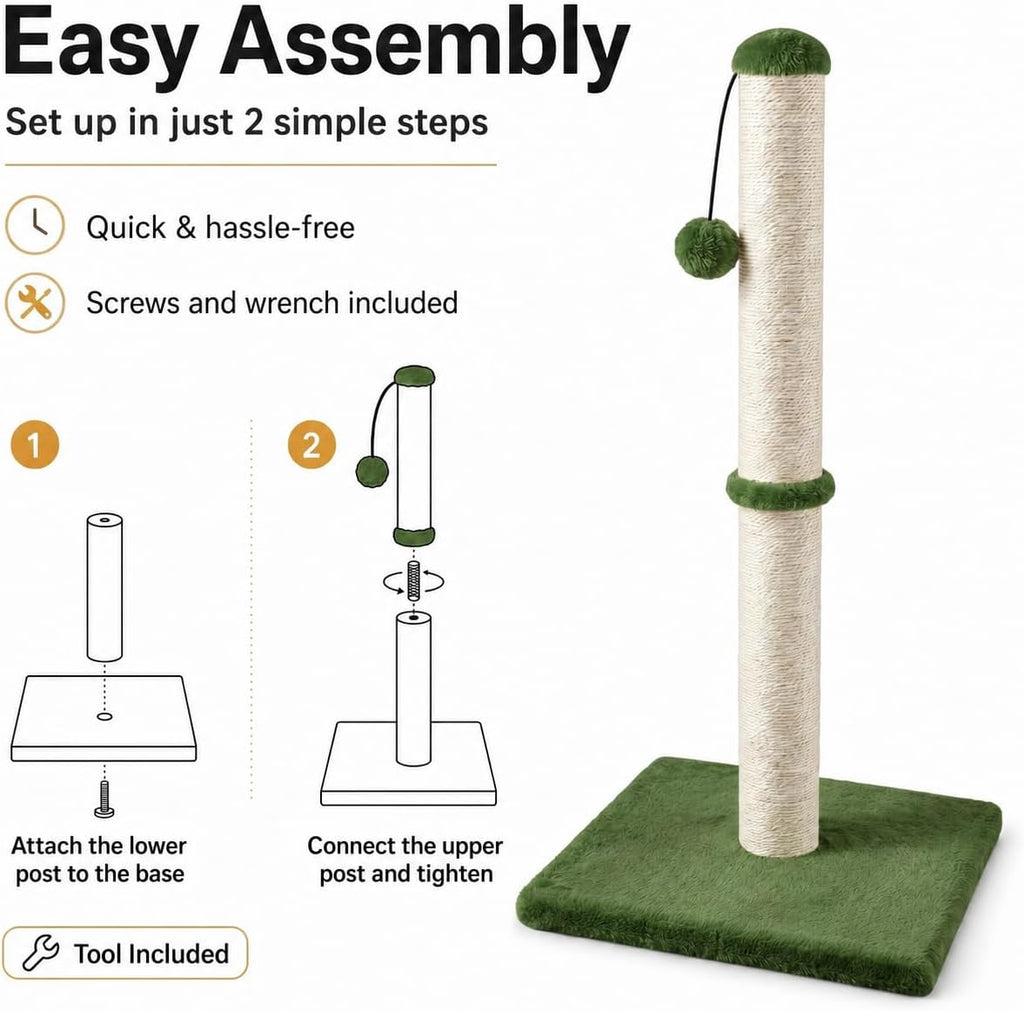 Dimaka Tall Cat Scratching Post, Claw Scratcher with Sisal Rope and Covered with Soft Smooth Plush, Vertical Scratch [Full Strectch] for Standard Size Cats (Green, 34 inches for Large Cats)