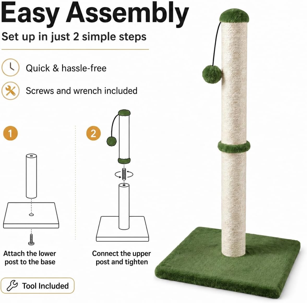 Dimaka Tall Cat Scratching Post, Claw Scratcher with Sisal Rope and Covered with Soft Smooth Plush, Vertical Scratch [Full Strectch] for Standard Size Cats (Green, 34 inches for Large Cats)