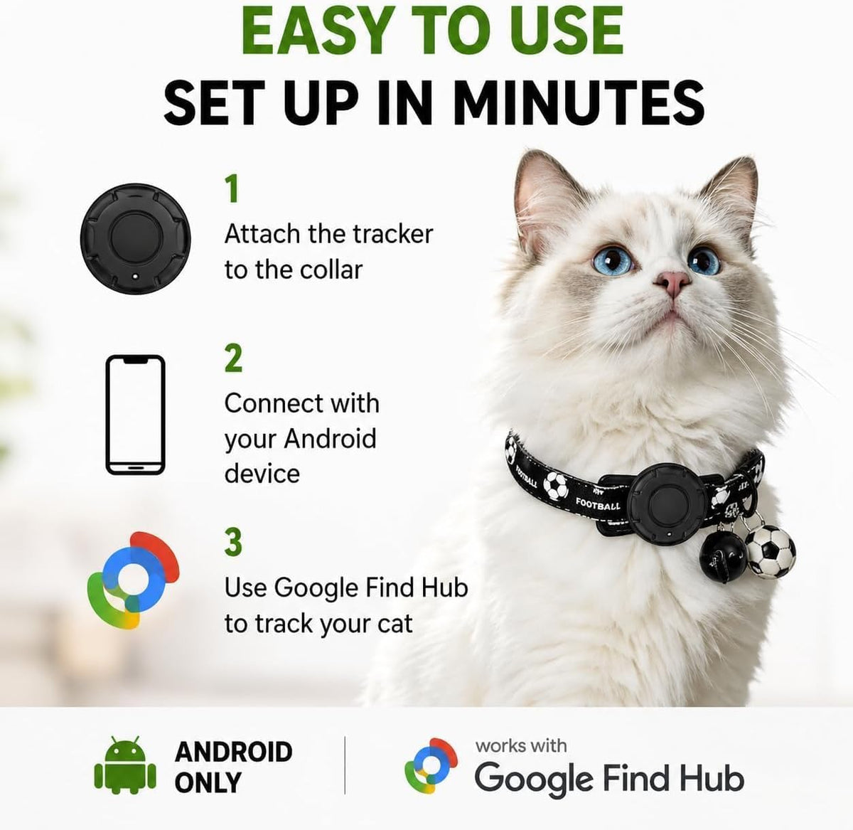 Pet Tracker,GPS Collar for Cats (Android Only) Smart tag,Waterproof Compatible with Google Find My,No Monthly Fee,Advanced Tracking Solution Smart Collar for Pet Safety Ideal Small Large Cats