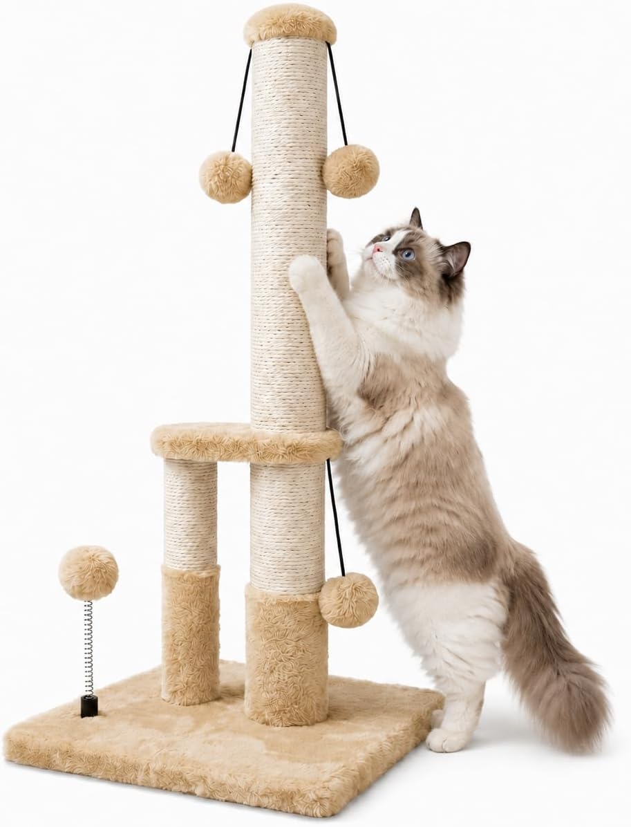 Dimaka Tall Cat Scratching Post, Double Lower Posts Extra Stable Cat Post Tree Scratcher with Sisal Rope and Teasing 4 Balls Total Large Base (Light Brown)