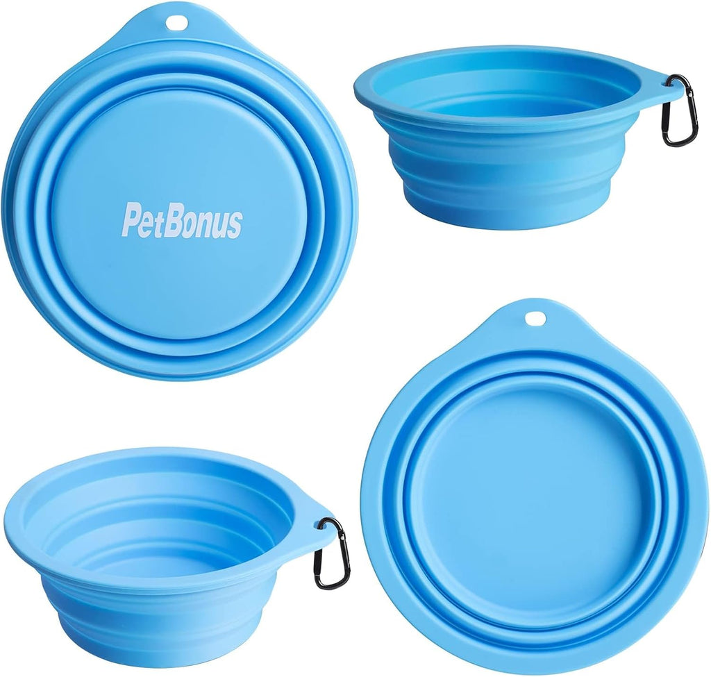 PetBonus 2-Pack Large Silicone Collapsible Dog Bowls, 34oz/1000ml BPA Free Portable Foldable Travel Bowl for Pet Cat, Food Water Feeding Dish for Camping with 2 Carabiners (Light Blue & Green) | 34 Oz, Silicone, Foldable Expandable Cat Feeding Cup Dish...