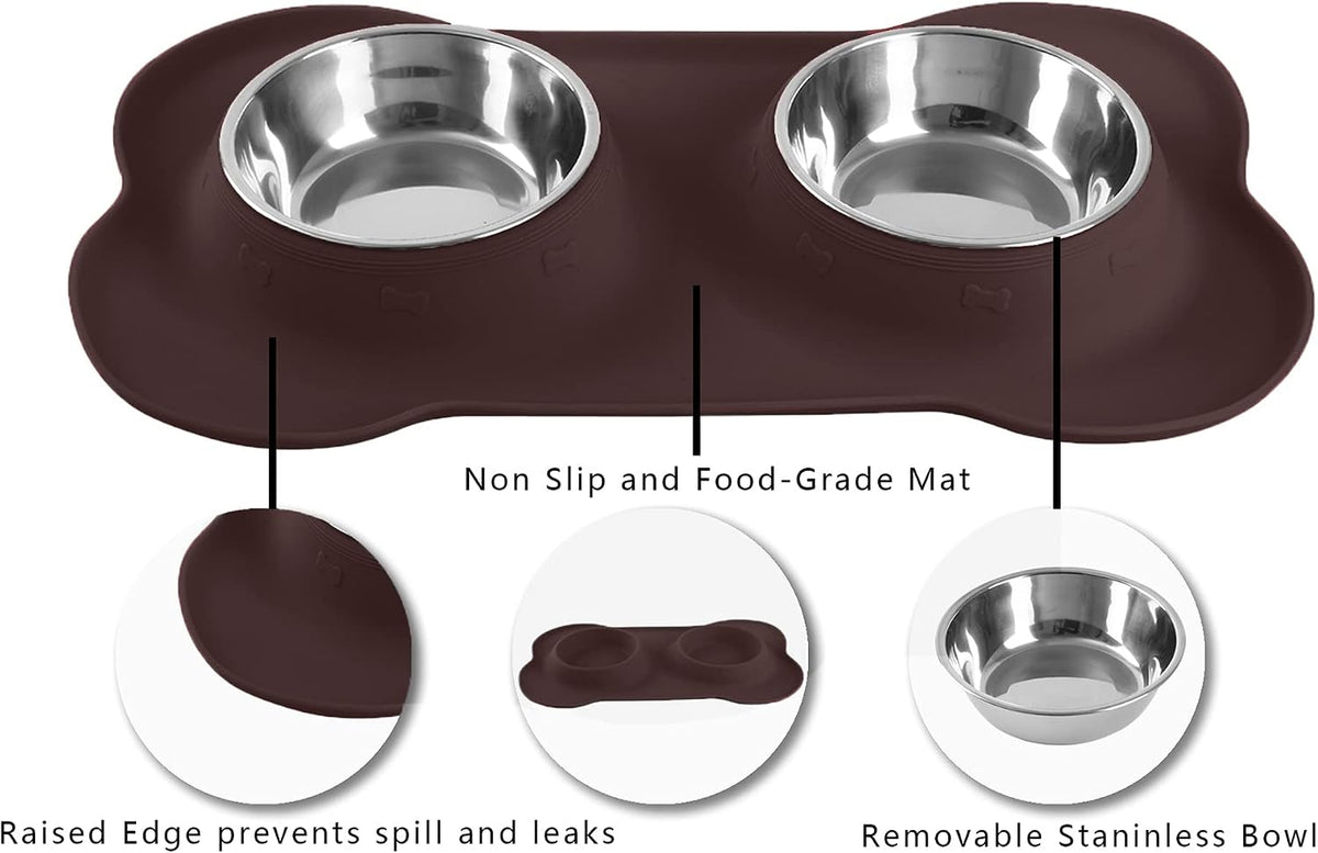 Hubulk Pet Dog Bowls 2 Stainless Steel Dog Bowl with No Spill Non-Skid Silicone Mat + Pet Food Scoop Water and Food Feeder Bowls for Feeding Small Medium Large Dogs Cats Puppies (X- Large, Chocolate) 