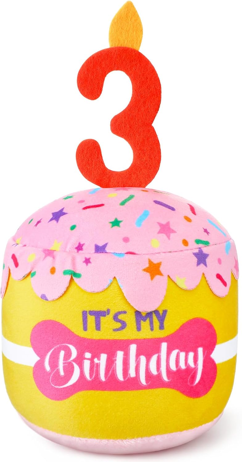 Dansydaisy Dog Birthday Cake Toy Squeaky Plush Gift,3rd,Pink and Yellow | Interactive Squeaky Gift for Dogs, Dog Birthday Decor , Soft Chew for Small Medium Large Pets, Cake Design with Candle