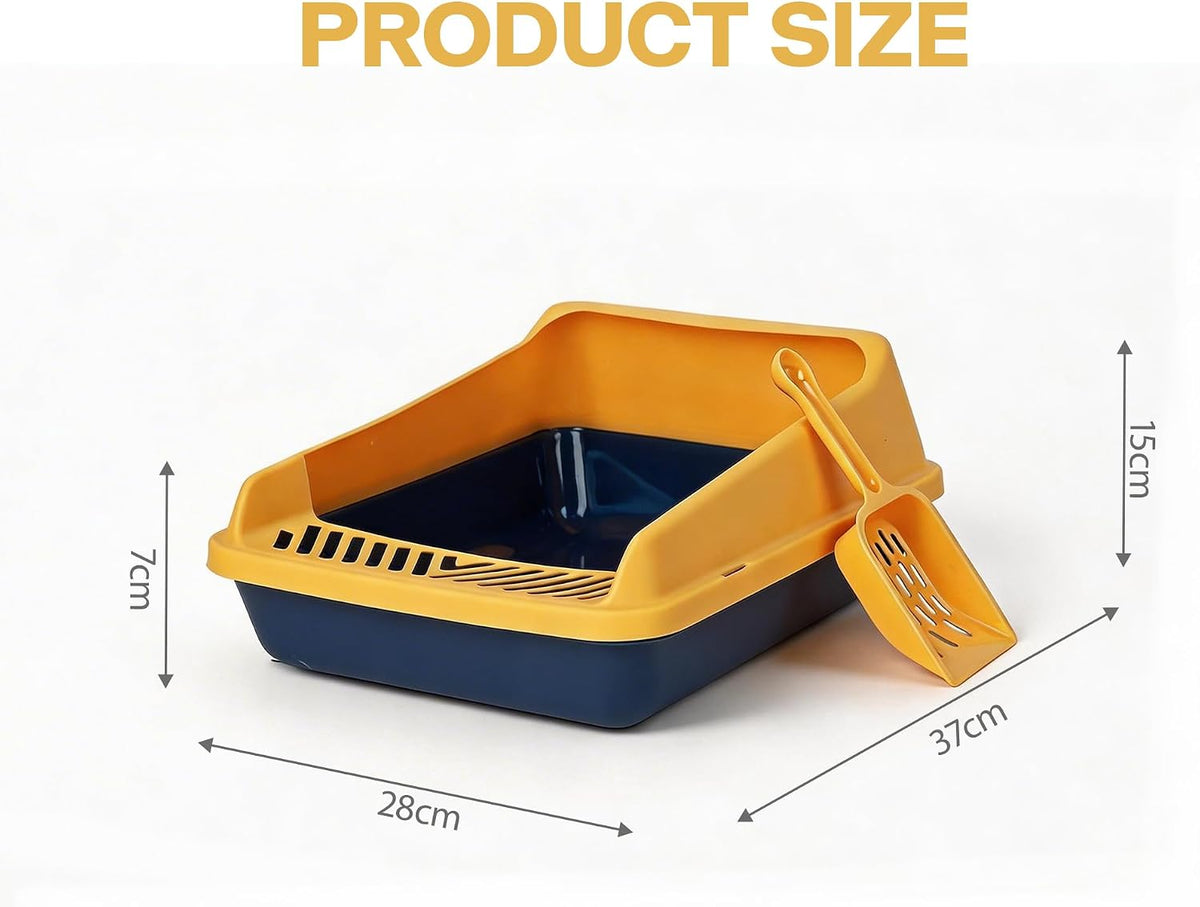 PAWISE Kitten Litter Box, 14.3"x10.8"x6.3" Small Cat Litter Pan,Open Top Travel Litter Box with Scoop, Low Entry and Play Mat, Anti-Splash Cover(Blue+Yellow)