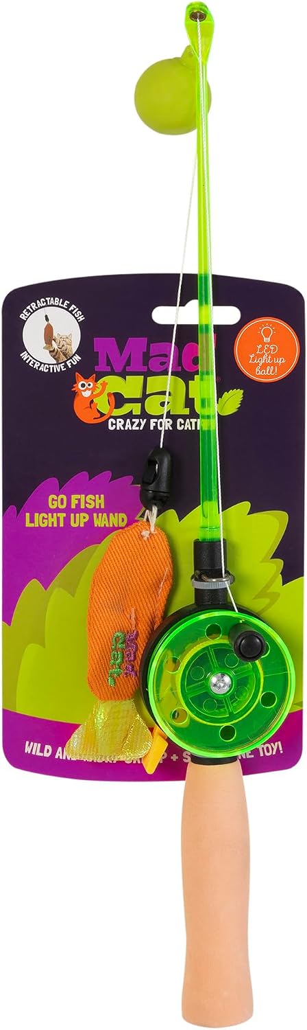Mad Cat Go Fish Light Up Fishing Wand Teaser Cat Toy, Catnip and Silvervine