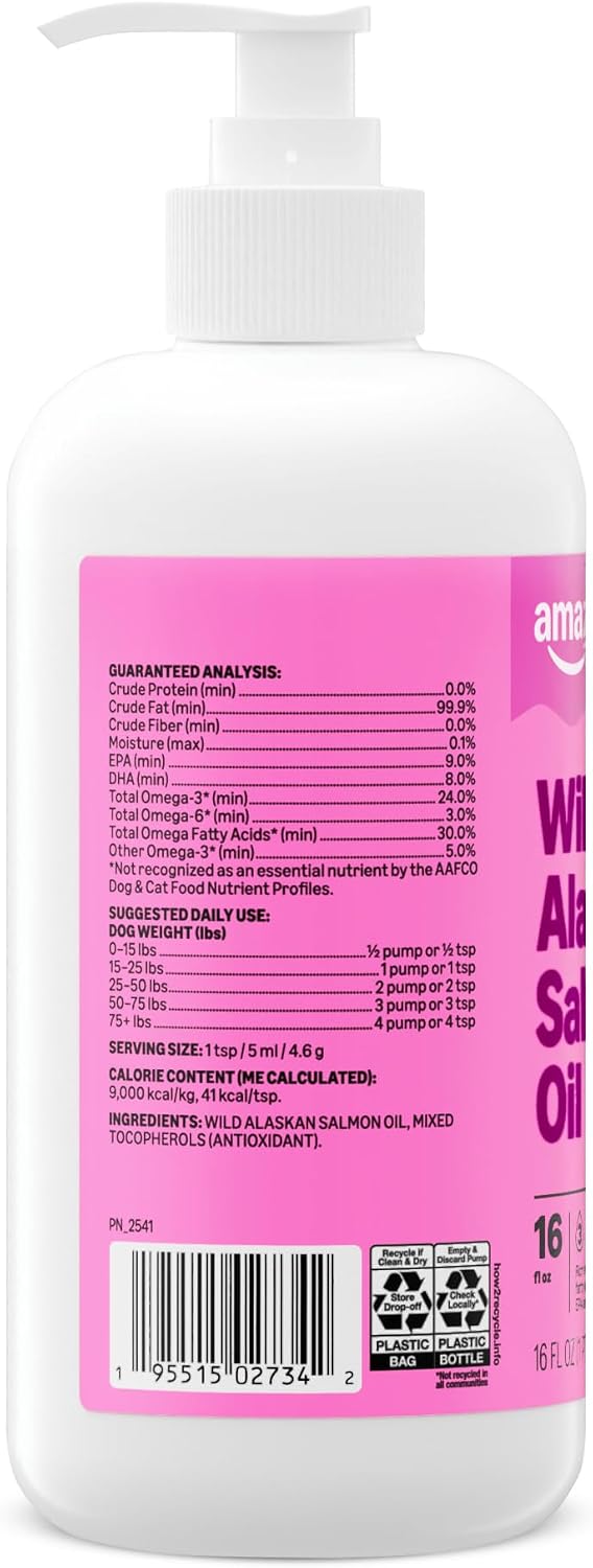 Amazon Basics Wild Alaskan Salmon Oil - Skin and Coat Support, Omega 3 Supplement for Dog and Cat, 16 fl oz (Previouly Wonder Bound)