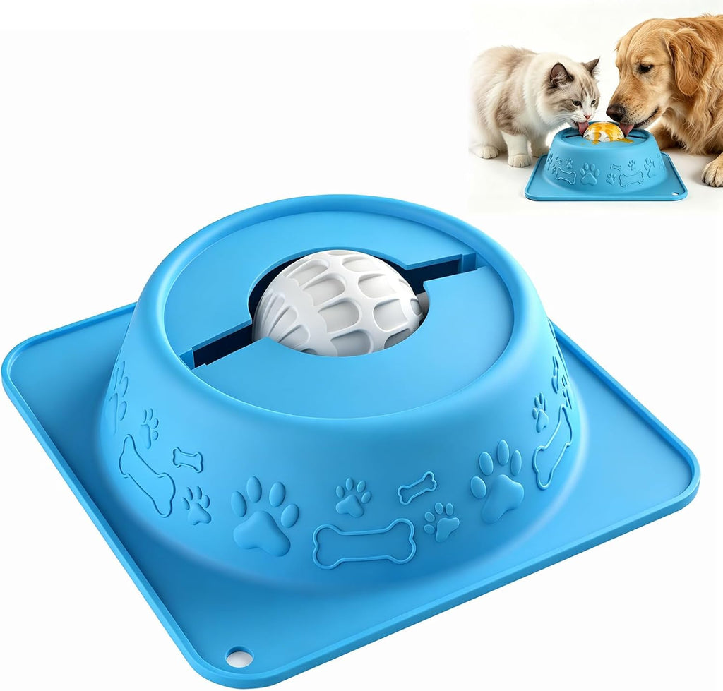 Slow Feeder Lick Bowl for Dogs and Cats, Anti-Slip Pet Water Bowl with Smooth Rolling Ball, No Spill Bowl for Water, Bone Broth, Yogurt & Pumpkin Puree, for Large Pets, Light Blue