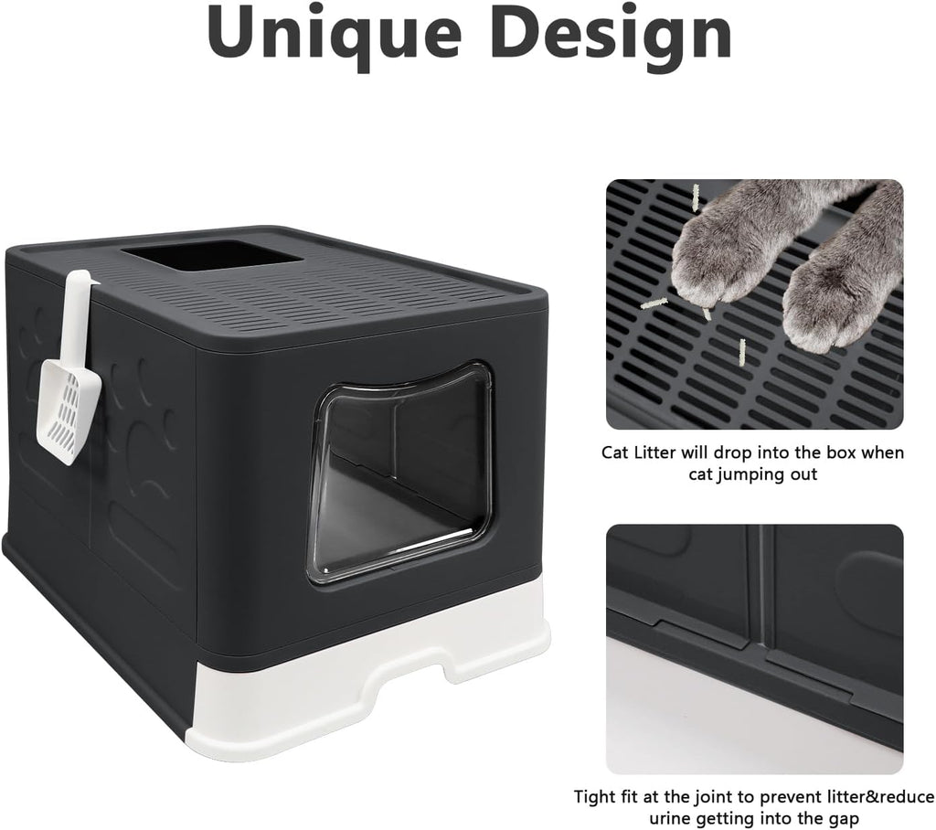 XL Foldable Cat Litter Box with Lid - Jumbo Enclosed Potty - Top Entry Anti-Splashing Toilet - Includes Scoop & 2-in-1 Cleaning Brush (Black)