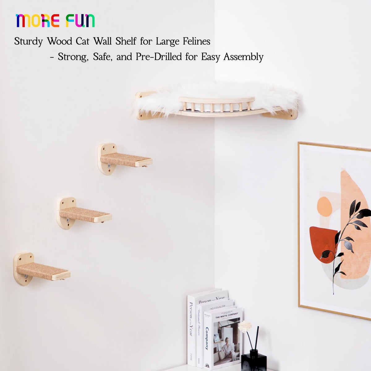 Large Cat Shelves with 3 Steps, Wall Mounted Cat Climbing Shelf with Plush Covered Bed, for Indoor Cats (Wood)