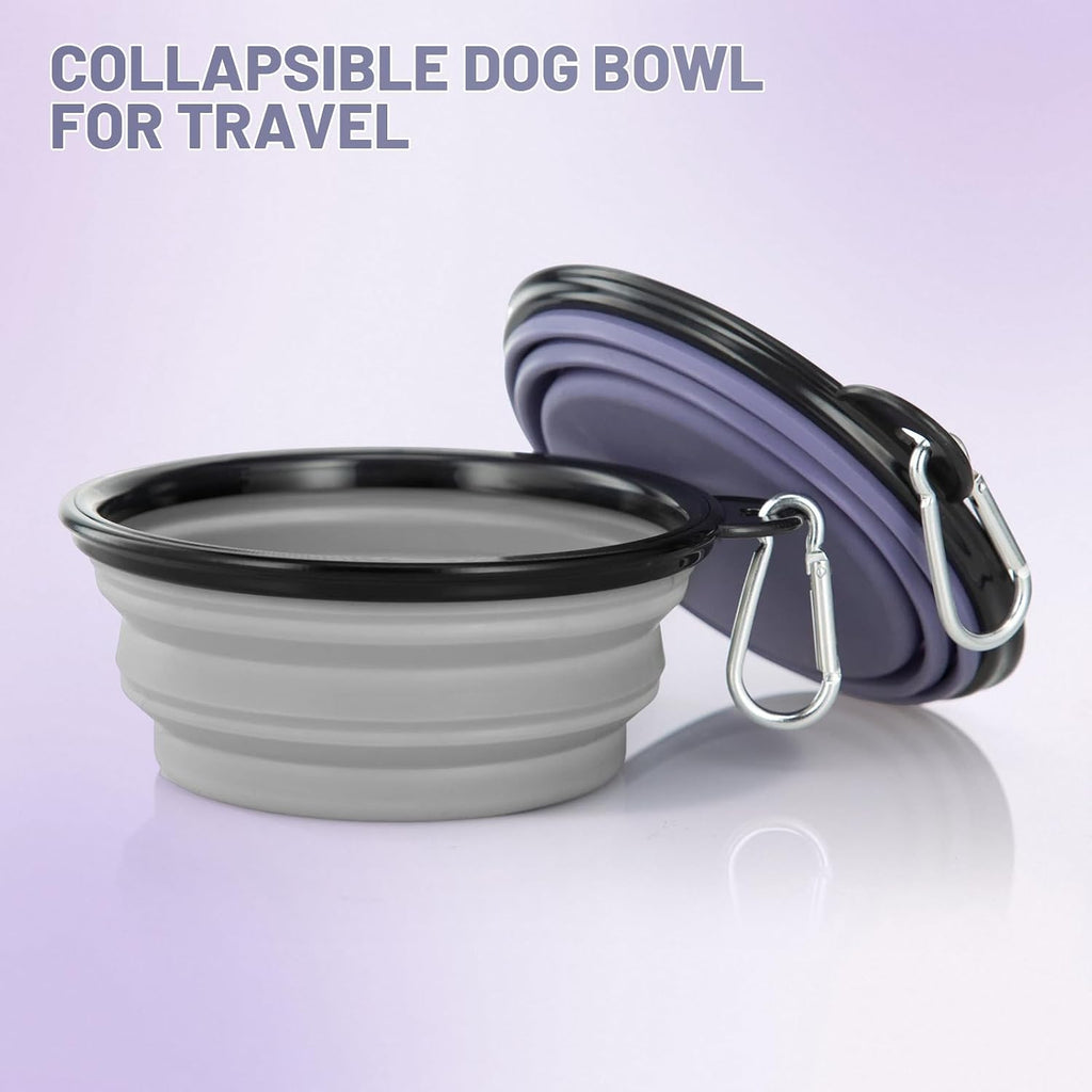 Dog Bowl Pet Collapsible Bowls, 2 Pack Collapsible Dog Water Bowls for Cats Dogs, Portable Pet Feeding Watering Dish for Walking Parking Traveling with 2 Carabiners (Small, Purple & Concrete Gray)