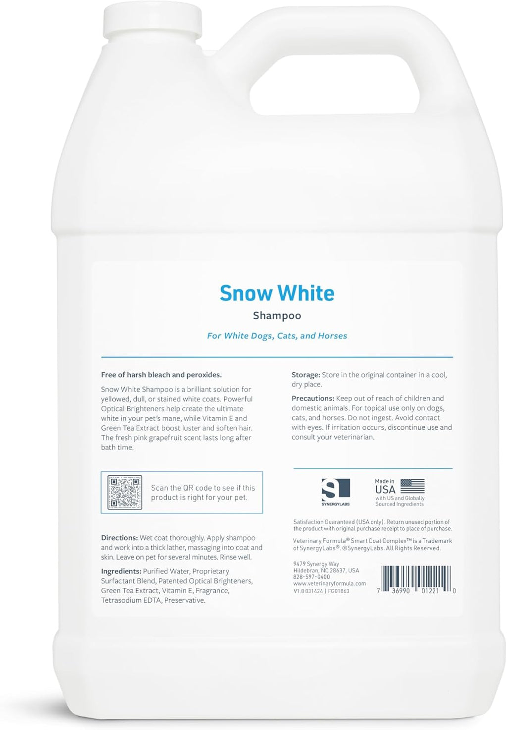 Veterinary Formula Smart Coat Complex Snow White Shampoo for Dogs and Cats, 128 Fl oz / 1 Gal – Gently Remove Stains & Yellowing Without Bleach/Peroxide – Cleans, Deodorizes & Brightens White Coats