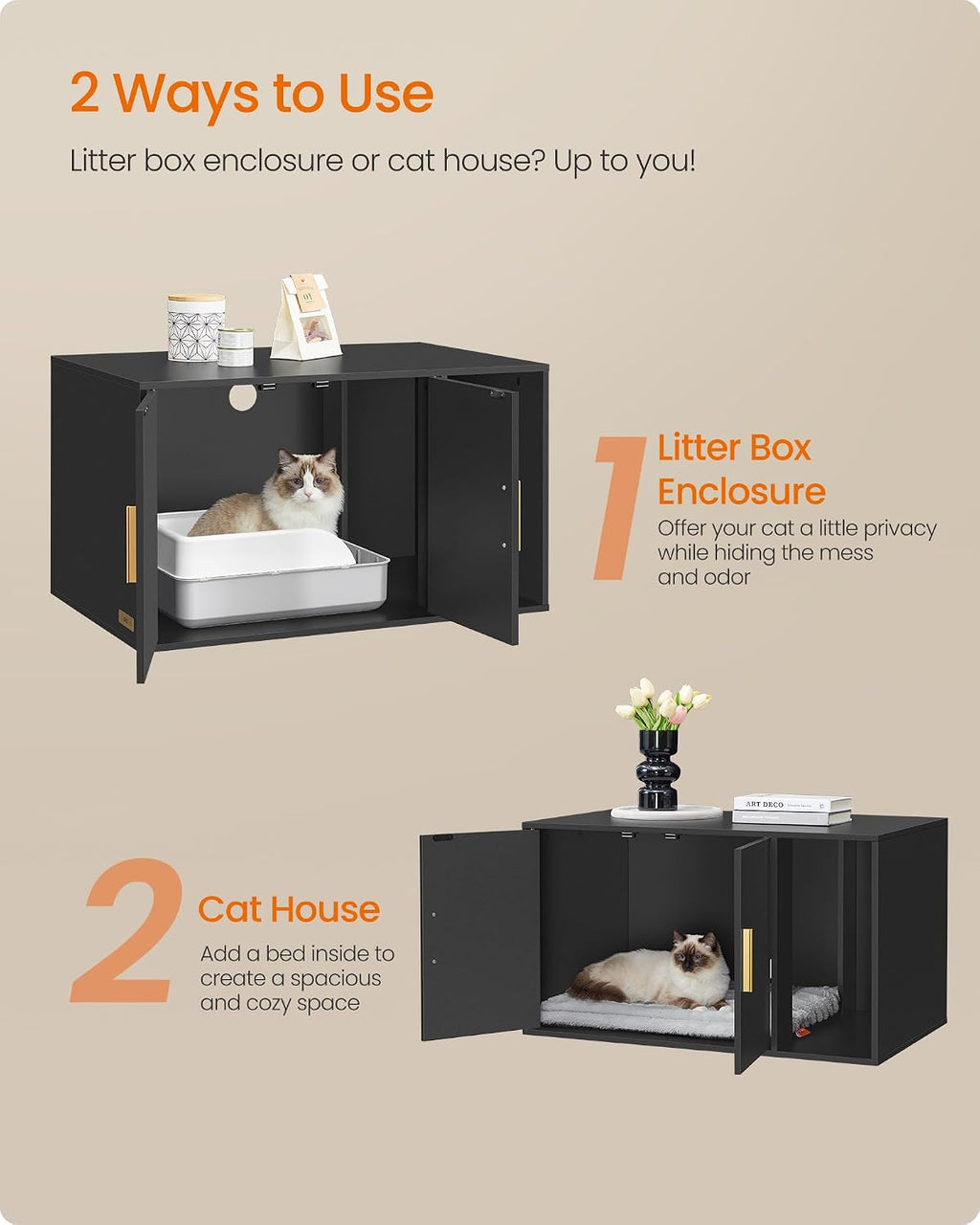 Feandrea Cat Litter Box Enclosure, Double Doors, 31.5 x 19.7 x 17.7 Inches | Modern Hidden Litter Box Furniture, Indoor Pet House, Side End Table, Ink Black, CUSTOS Collection UPCL020BC01S