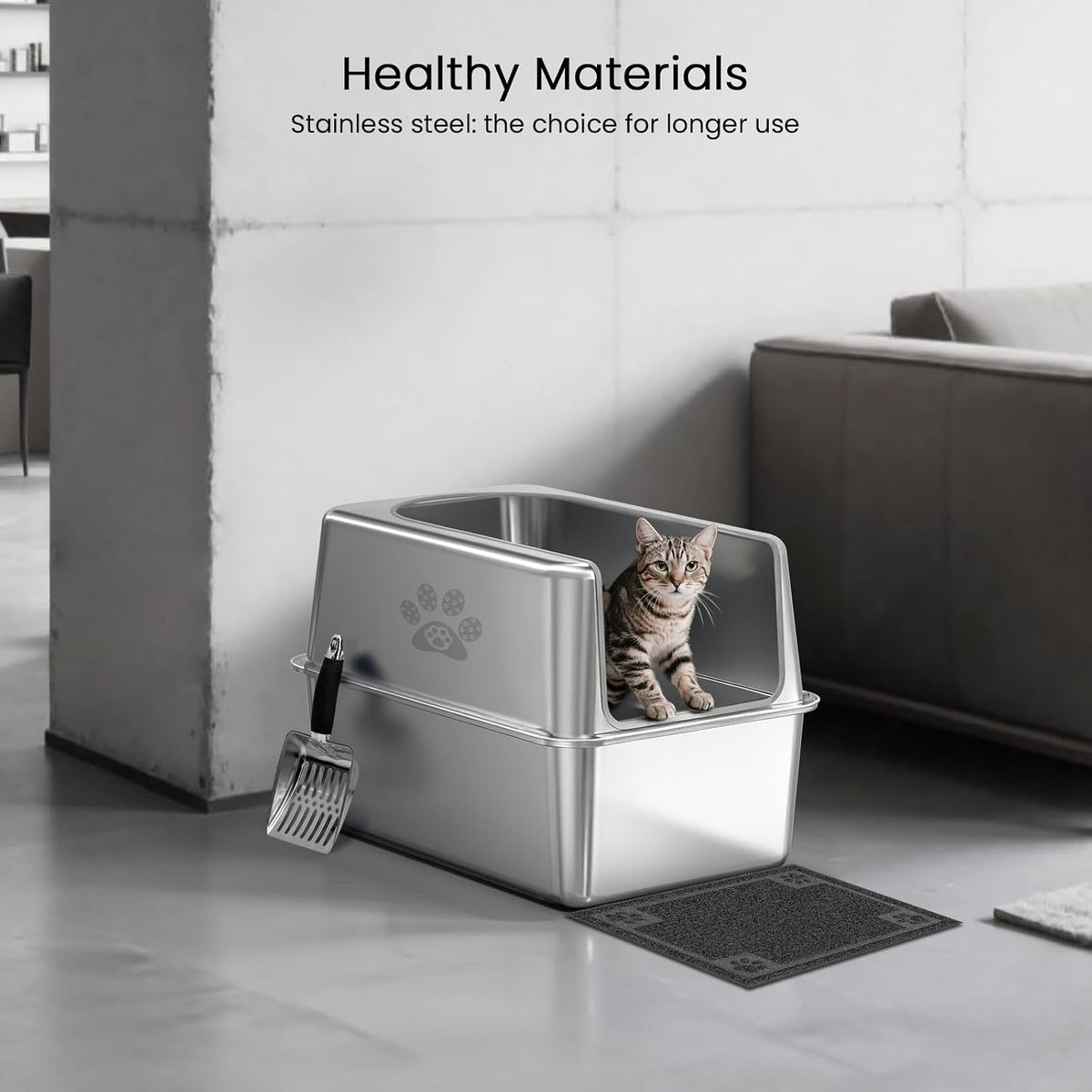 Enclosed Stainless Steel Cat Litter Box with Lid, XL Pan for Big Cats