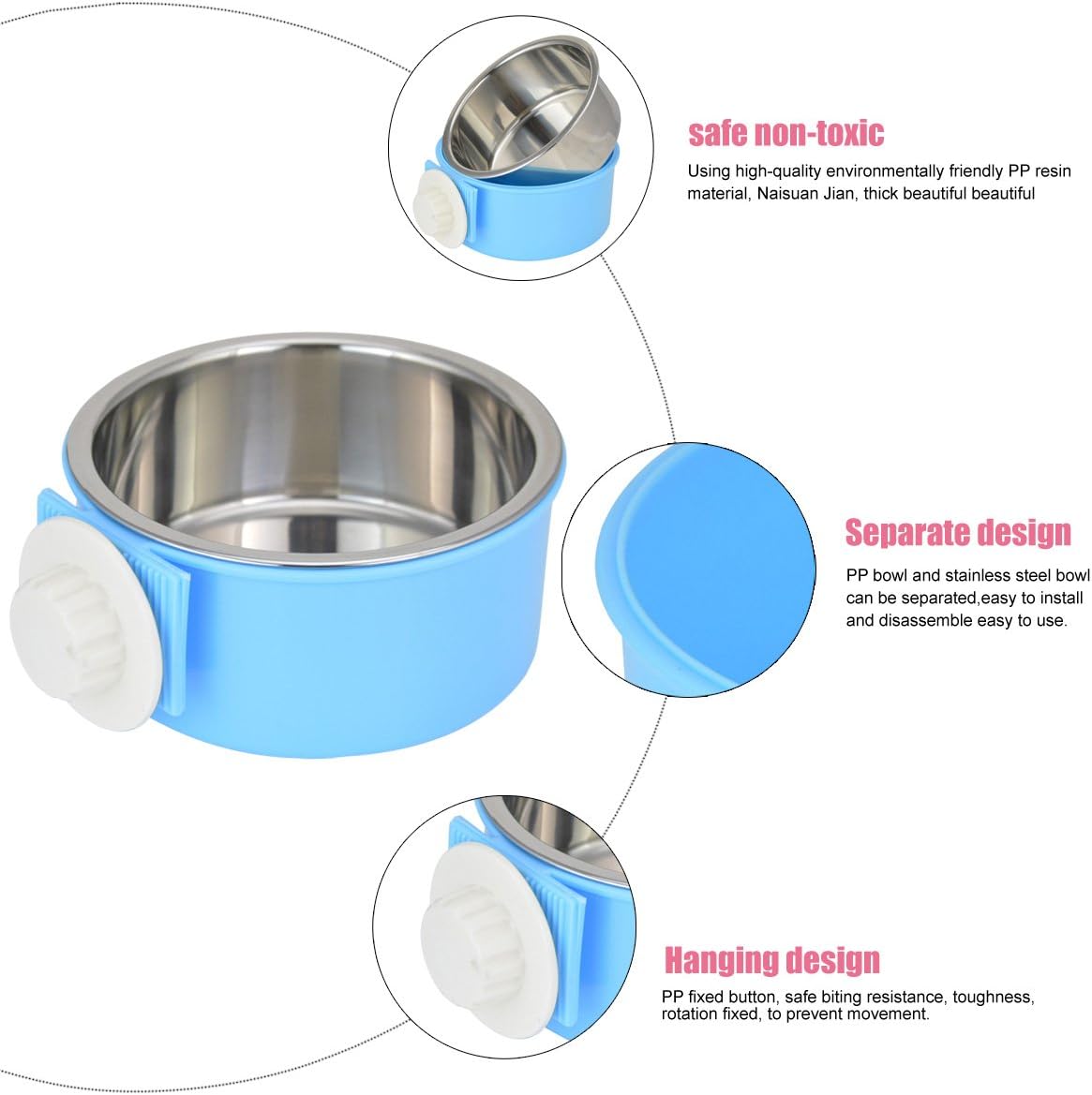 Crate Dog Bowl Removable Stainless Steel Water Food Feeder Bowls Cage Coop Cup for Cat Puppy Bird Pets 