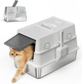Stainless Steel Litter Box with Lid, Heavy Duty Extra Large Enclosed Metal Cat Litter Pan, Built-in Carry Handle & 120° Flip-Top for Easy Clean, Leak-Proof with Cat Scoop Holder & Odor Control, Gray