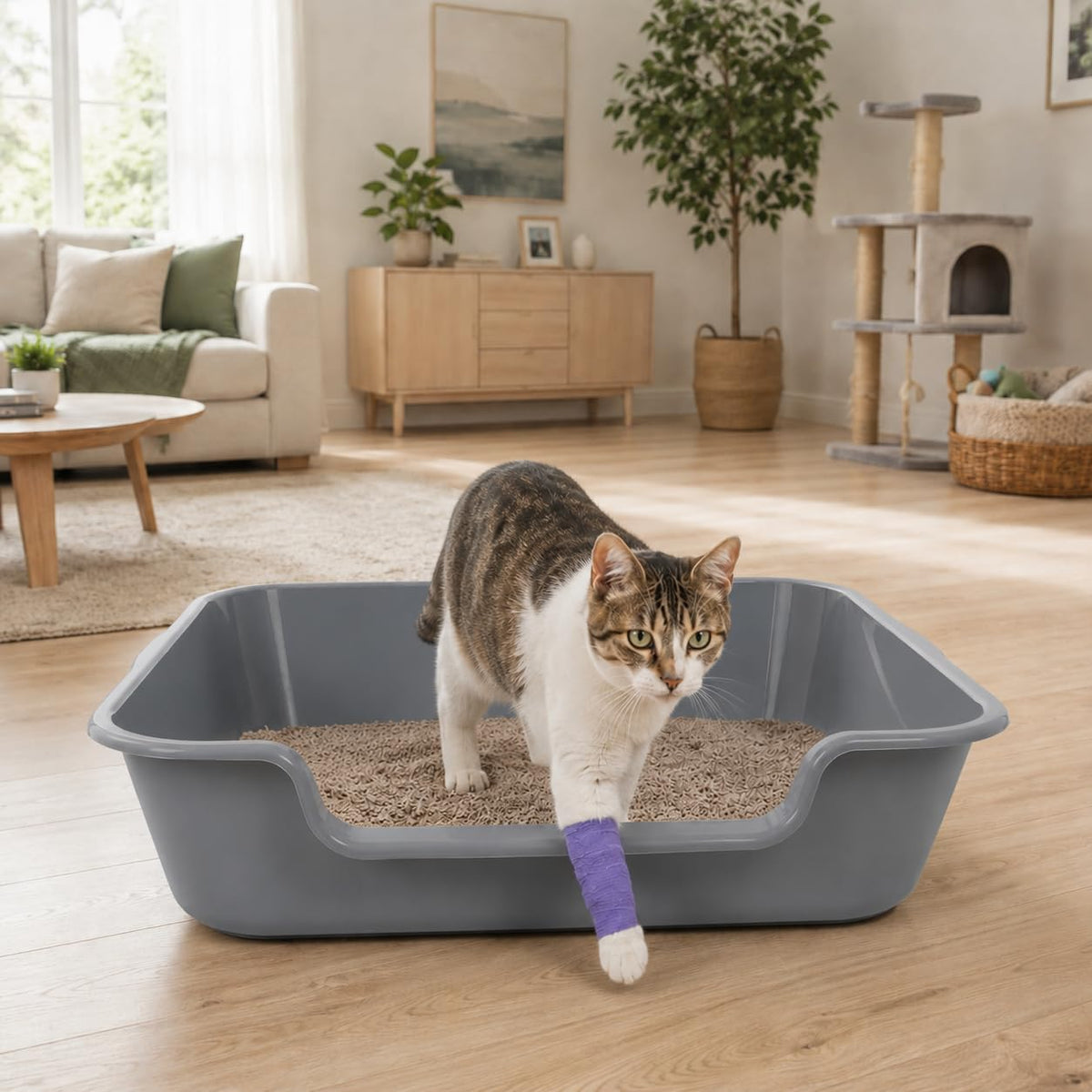 1 Pack of Extra Large Cat Litter Box (ABS Material), Low Entry Senior Litter Pen for Geriatric Kitty Big Cats, Jumbo Pet Safe Litter Boxes Tray for Indoor Pets Potty (Gray, 24" L x 20" W)