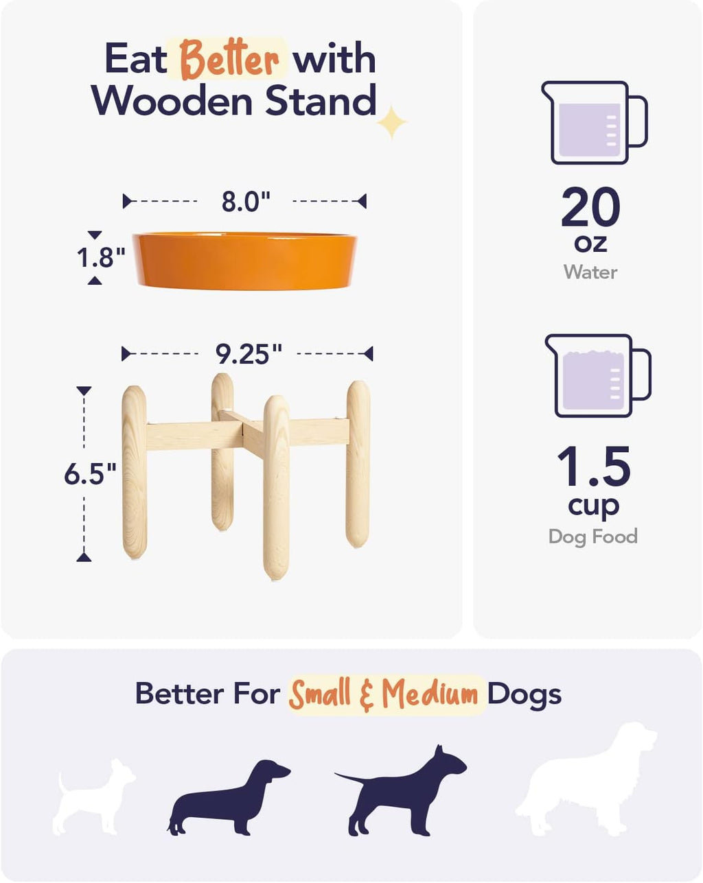 LE TAUCI Ceramic Slow Feeder Puzzle Bowl Elevated 1.5 Cup with Wooden Stand for Small & Medium Dog, Fast Eater Food Bowl Sun Orange 