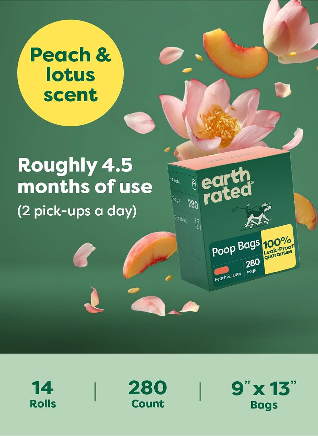 Earth Rated Dog Poop Bags on Refill Rolls, 280 Bags, Peach & Lotus | Guaranteed Leak Proof and Extra Thick Waste Bag Refill Rolls