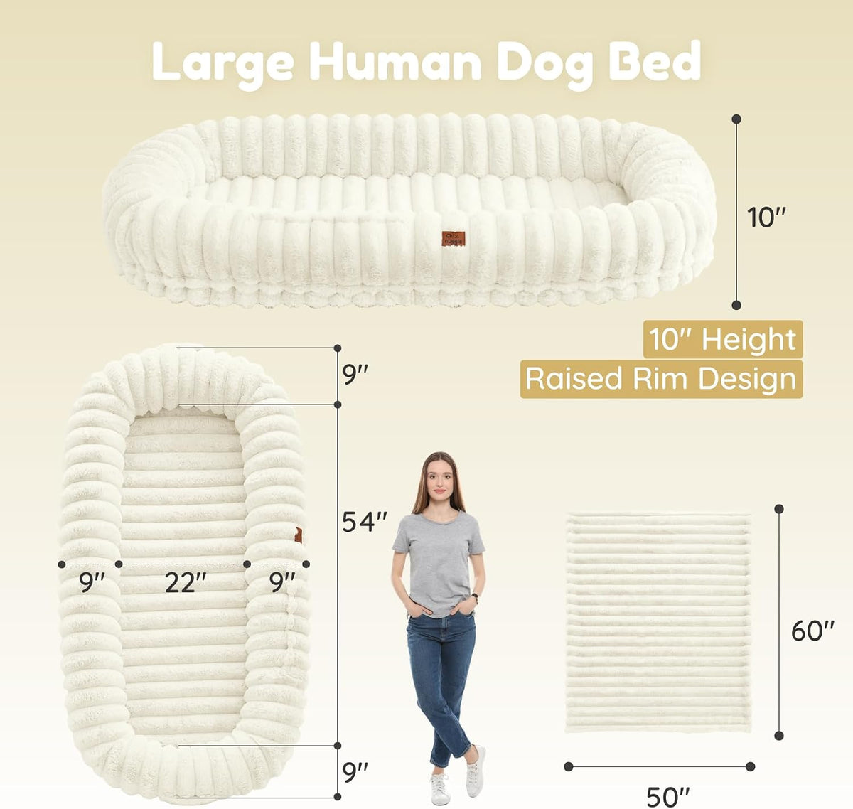 ChiXnuggle Orthopedic Human Dog Bed,Striped Faux Fur Washable Cover,Blanket