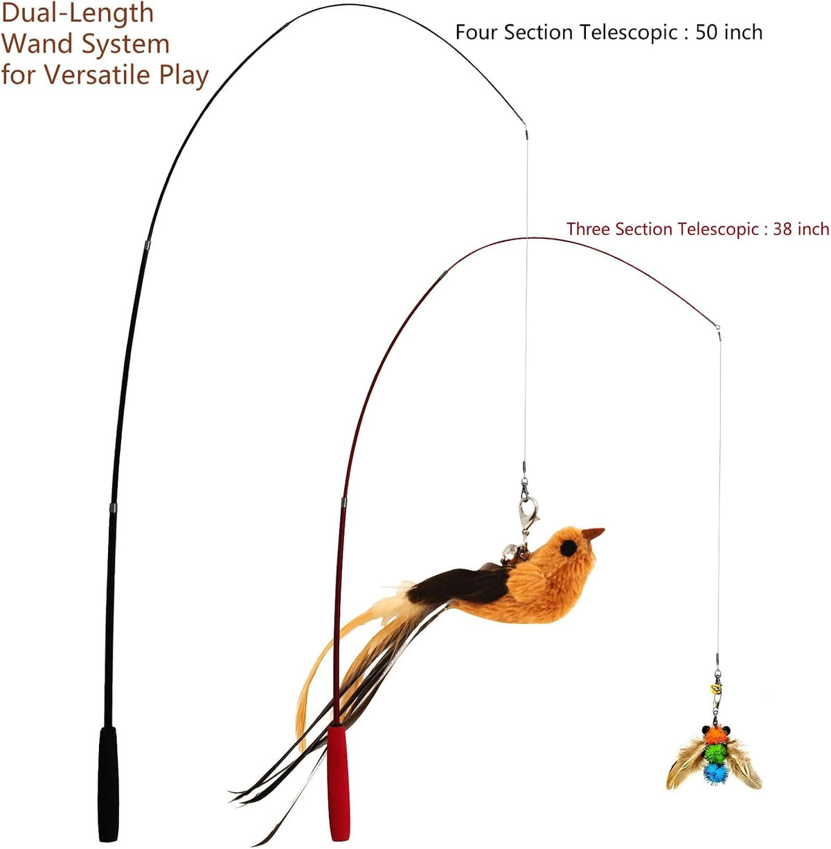 miwoowim Interactive Cat Wand Toy Set, 2 Telescopic Rods & 11 Attachments | Teaser refills for indoor cats,2 retractable fishing poles with worm,bird & feather toys replacement. Durable cat string toy