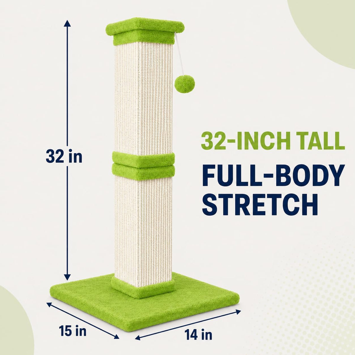 Vertical Cat Scratching Post for Indoor Cats, Sisal Scratch Tower with Soft Plush Base & Dangling Pom Ball, 32'' Tall Cat Scratcher Column for Kittens and Adult Cats, Furniture Protection, Green